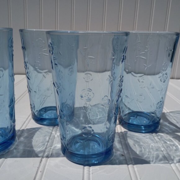 Anchor Hocking Savannah Tumblers Blue Drinking Glasses Etched Flowers SET OF 4 - Picture 6 of 15